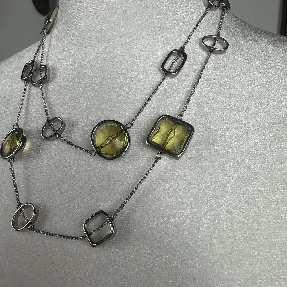 Lia Sophia Silver Tone Retro Style Long Necklace‎ with Yellow Rotating Gems